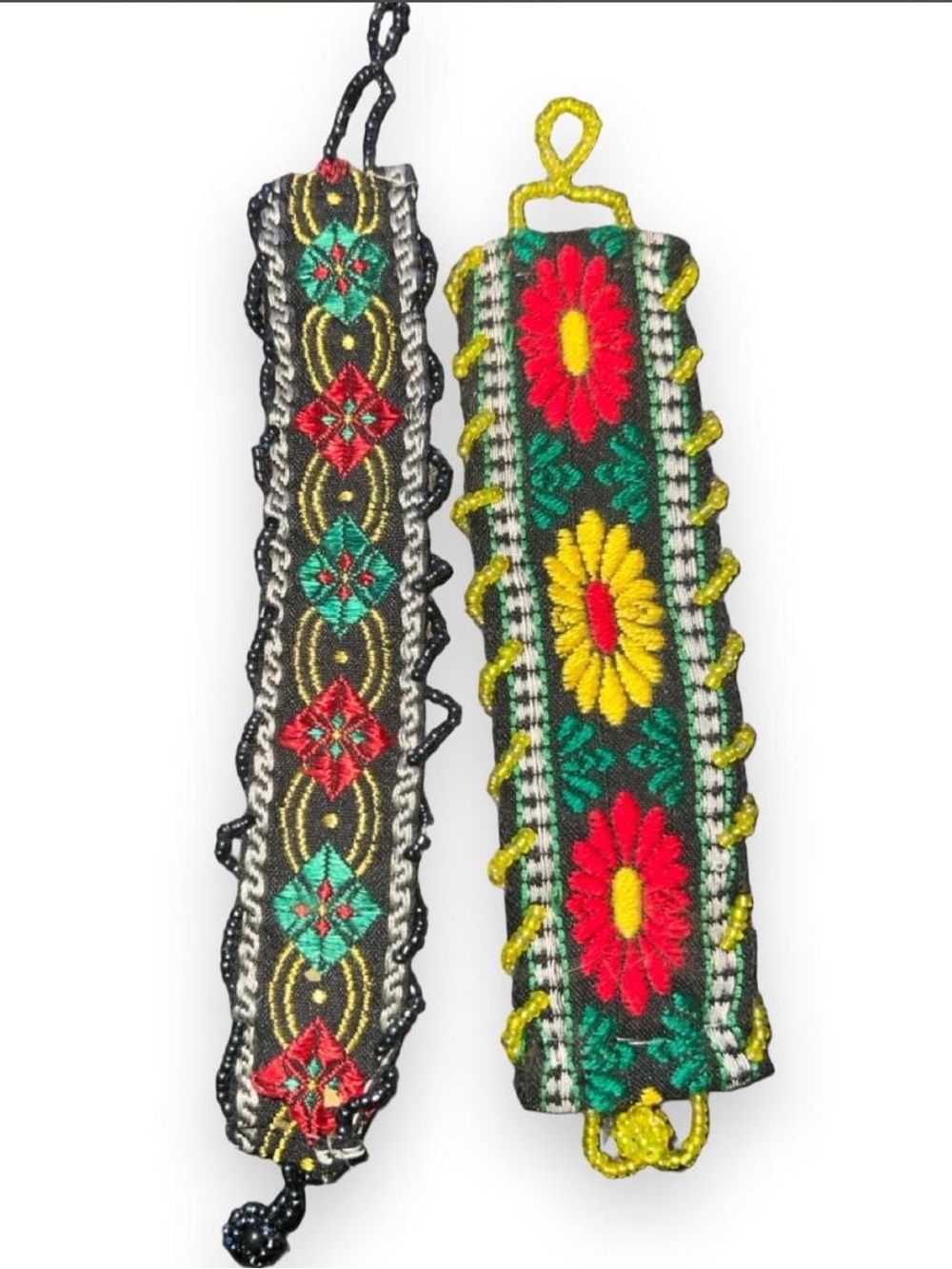 Handwoven Floral Embroidered Friendship Bracelets - Green, Black, Red & Yellow